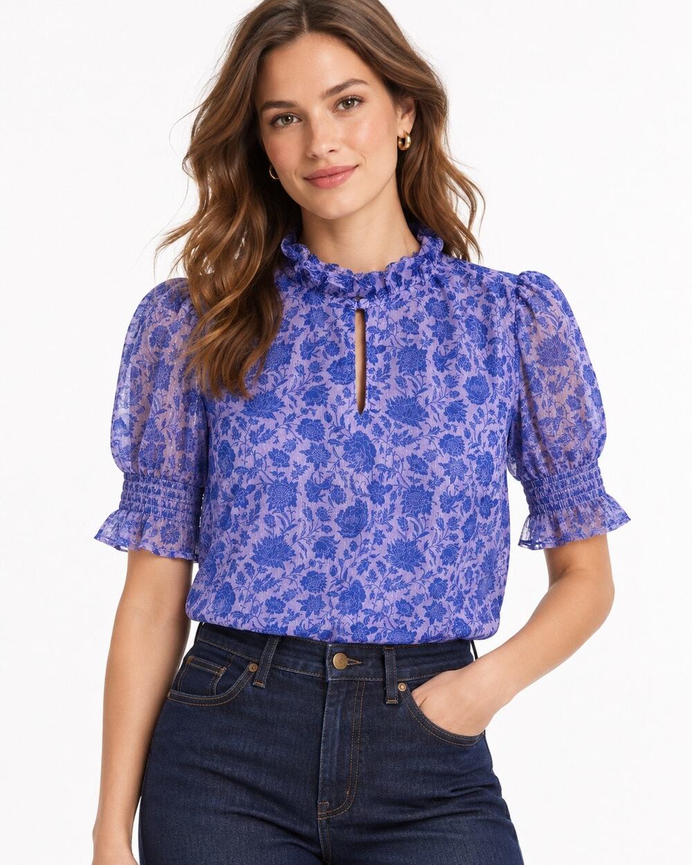 J. Crew Keyhole Ruffled Preppy Floral Metallic Chiffon Preppy Puff Sleeve Top
